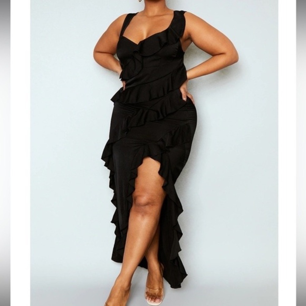 PrettyLittleThing Plus Ruffle Midi Dress Womens 12 Black Layered whimsy NEW